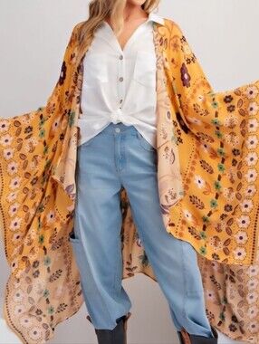 Easel Mustard Floral Printed Crepon Kimono | Size M - NWT